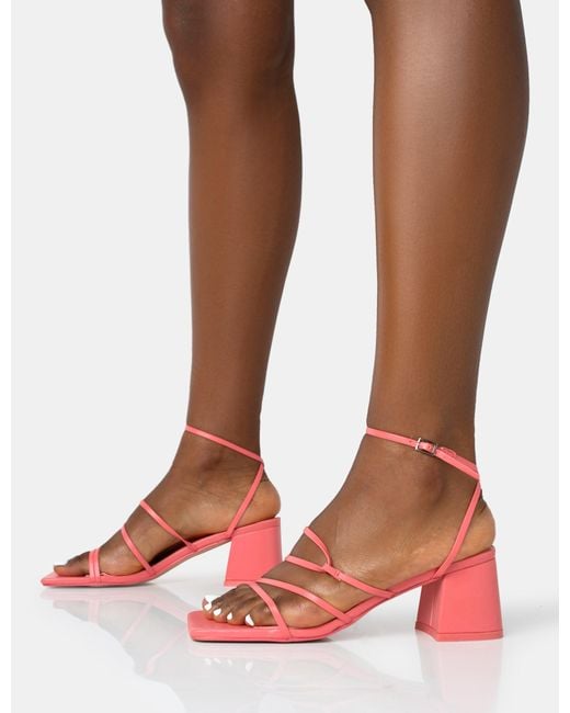Public Desire Red Dayla Coral Pu Strappy Square Toe Block Mid Heel Sandals