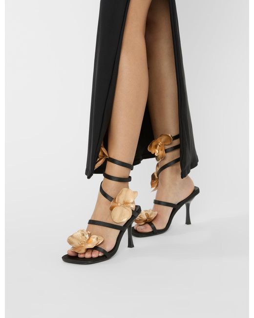 Public Desire Lotus Black Satin & Gold Flower Trim Wrap Around Flared Stiletto High Heels