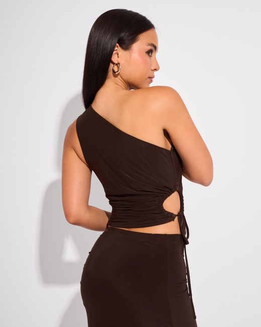 Public Desire Black Slinky Ruched Detail One Shoulder Top Chocolate
