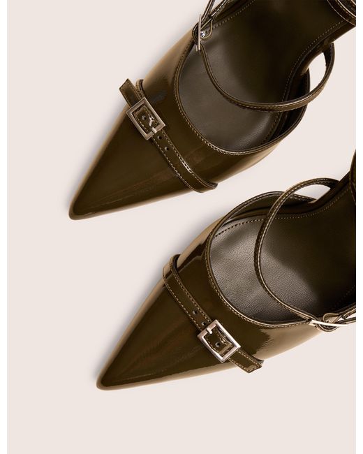Public Desire Natural Viper Green Patent Three Strap Buckle Detail Court Heels