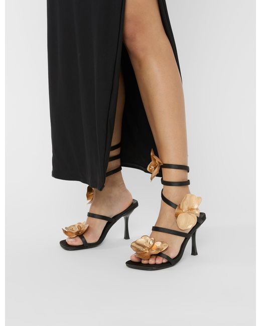Public Desire Lotus Black Satin & Gold Flower Trim Wrap Around Flared Stiletto High Heels
