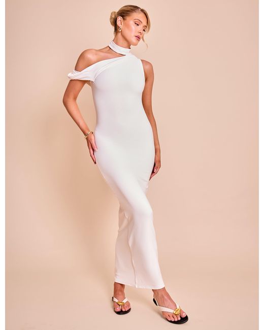 Public Desire Asymmetric One Shoulder Choker Detail Luxe Slinky Midi Dress White