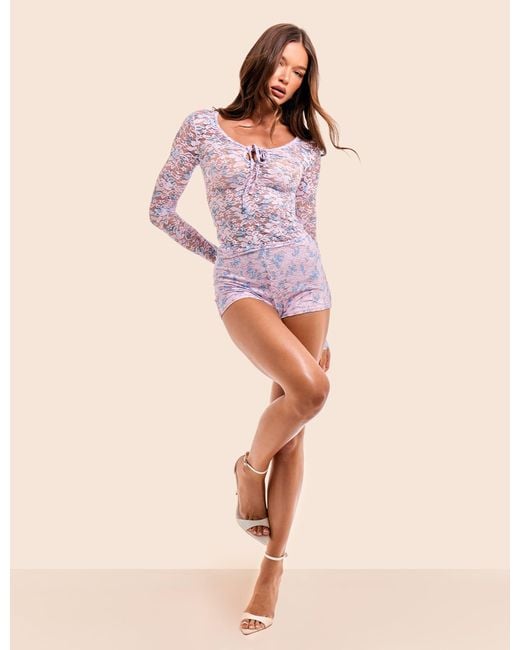 Public Desire Long Sleeve Sheer Printed Floral Lace Scoop Neck Top Pink