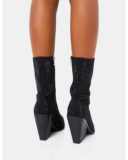 Public Desire White Wild One Black Diamante Western Cowboy Pointed Toe Block Heel Ankle Boots