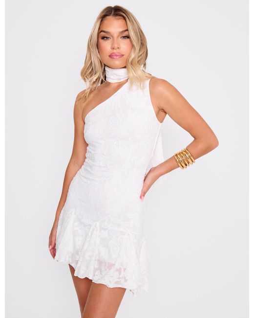 Public Desire Neck Scarf Textured Floral Mini Dress White