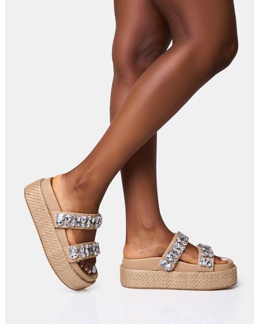 Public Desire Brown Duchess Natural Raffia Double Strap Embellished Platform Slider Sandals
