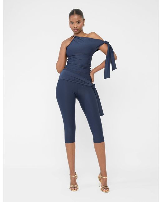 Public Desire Blue Knot Detail Tie Side Luxe Slinky Capri Pants Navy