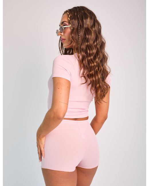 Public Desire Ribbed Lettuce Trim Baby Tee Co Ord Pink