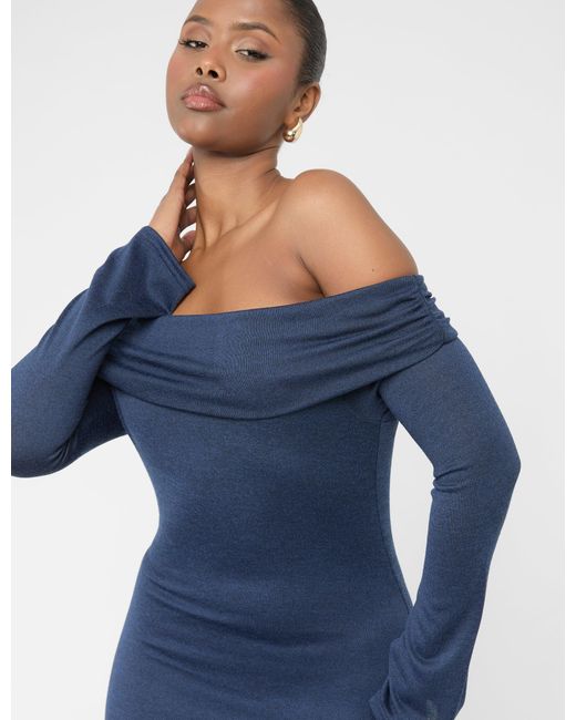 Public Desire Blue Long Sleeve Off The Shoulder Bardot Maxi Dress Navy
