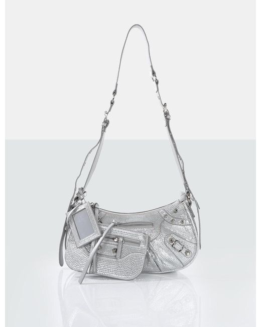 Public Desire White The Trackstar Silver Diamante Studded Mirror Zip Detail Handbag