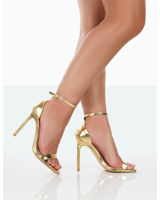 Public Desire Multicolor Chaos Gold Pu Square Toe Strappy Barely There Stiletto Heels