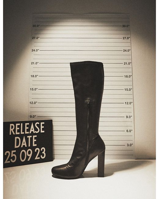 Public Desire Multicolor Christina Black Pu Pointed Toe Block Heel Knee High Boots