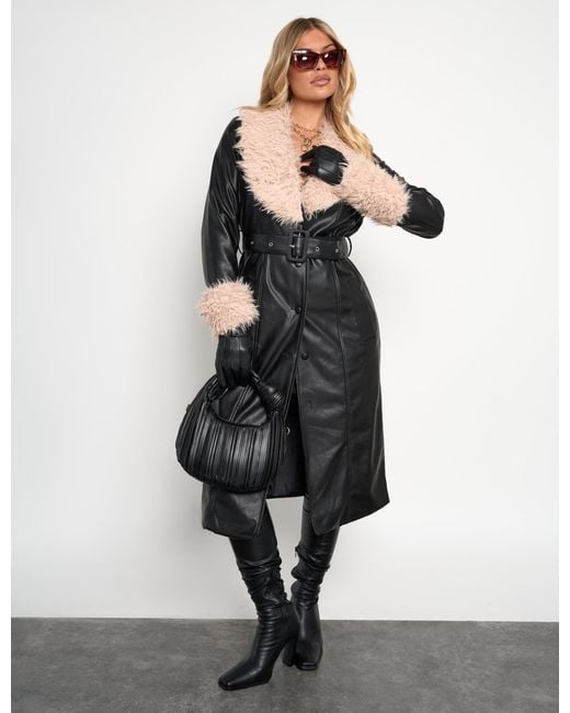 Public Desire Faux Fur Trim Belted Faux Leather Trench Coat Black