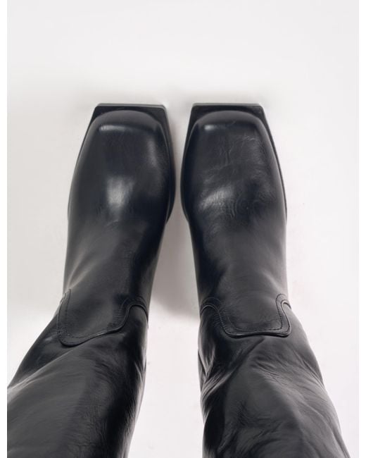 Public Desire Colden Vintage Black Fur Trim Block Heel Knee High Boots