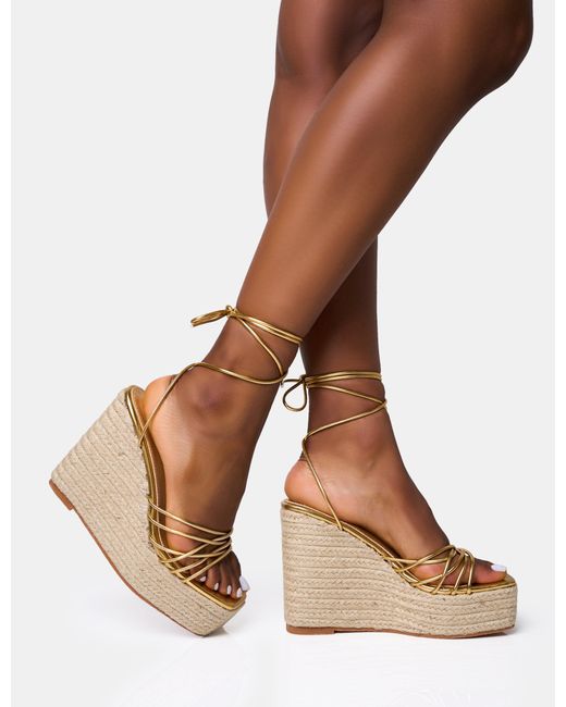 Public Desire Brown Heated Gold Strappy Lace Up Jute Wedges