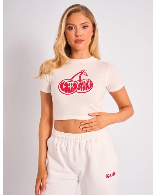 Public Desire Pink Kaiia Studio Cherry Graphic Baby Tee Cream & Red