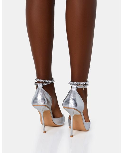 Public Desire Brown Hypnotize Silver Grain Stud Detail Strappy Stiletto Court Heels
