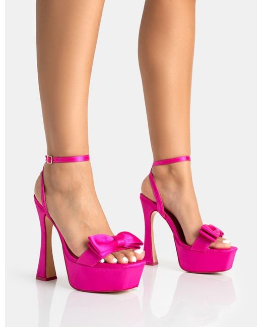 Public Desire Dreamer Hot Pink Satin Bow Ankle Strap Platform Flared Stiletto Heels
