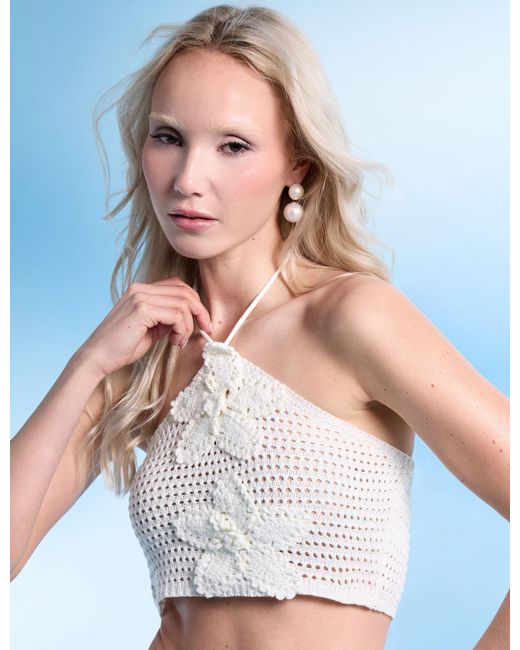 Public Desire Blue Floral Embroidered Crochet Crop Top Co Ord Ivory