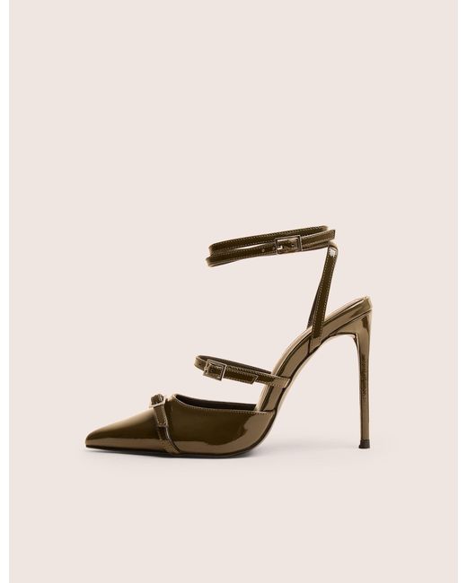 Public Desire Natural Viper Green Patent Three Strap Buckle Detail Court Heels