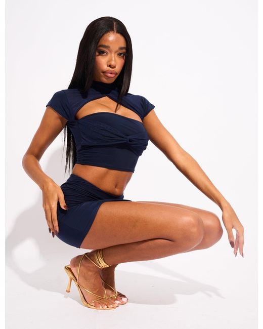 Public Desire Blue Mesh Sleeve Detail Top Co Ord Navy