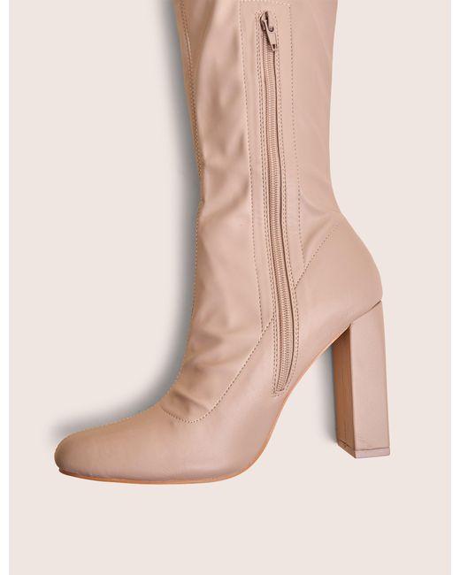 Public Desire Natural Christina Wide Fit Nude Pu Pointed Toe Block Heel Knee High Boots