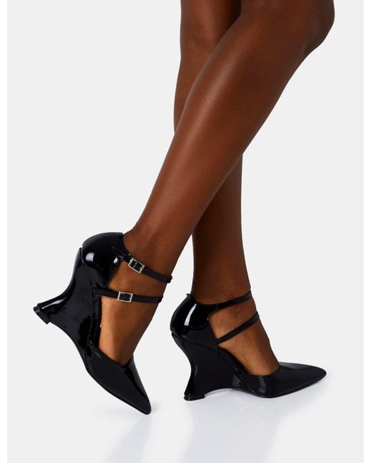 WAYDERNS Women's Pointed Toe Ankle Strap Wedge Pumps - 3.3 Inch Heel, Adjustable Strap, Patent Leather