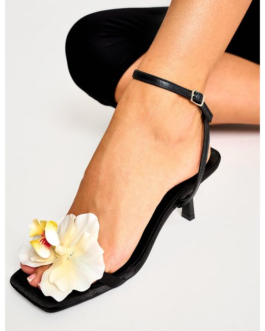 Public Desire Nara Black Satin White Orchid Flower Square Toe Stiletto Mid Heels