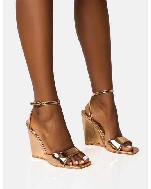 Public Desire Brown Connection Rose Gold Strappy Peep Toe Wedges