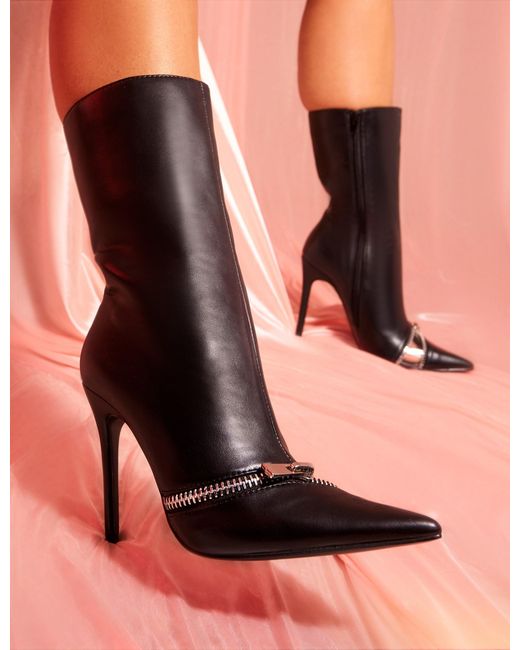 Public Desire Pitstop Black Pu Zip Detail Pointed Toe Stiletto Heel Ankle Boots