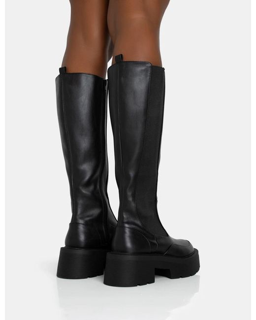 Public Desire Evergreen Black Pu Wide Fit Knee High Elasticated Detail Chunky Heeled Sole Boots