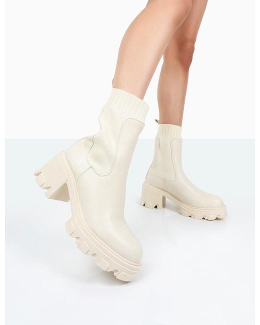 Public Desire White Everdeen Ecru Pu And Knit Chunky Heeled Platform Sock Ankle Boots