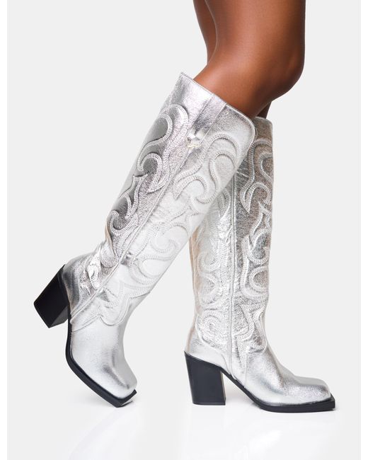 Public Desire White Austine Wide Fit Silver Western Block Heel Knee High Boots