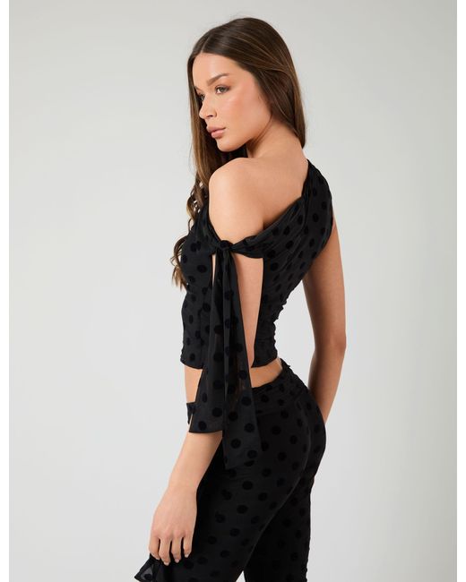 Public Desire Knot Detail Asymmetric One Shoulder Polka Dot Devore Top Black