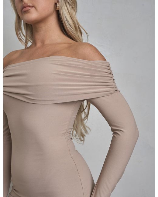 Public Desire Gray Bardot Luxe Slinky Maxi Dress Latte