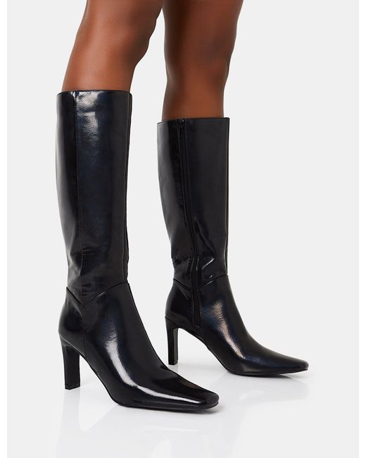 Public Desire Pose Wide Fit Black Textured Zip Up Knee High Slim Block Heeled Boots