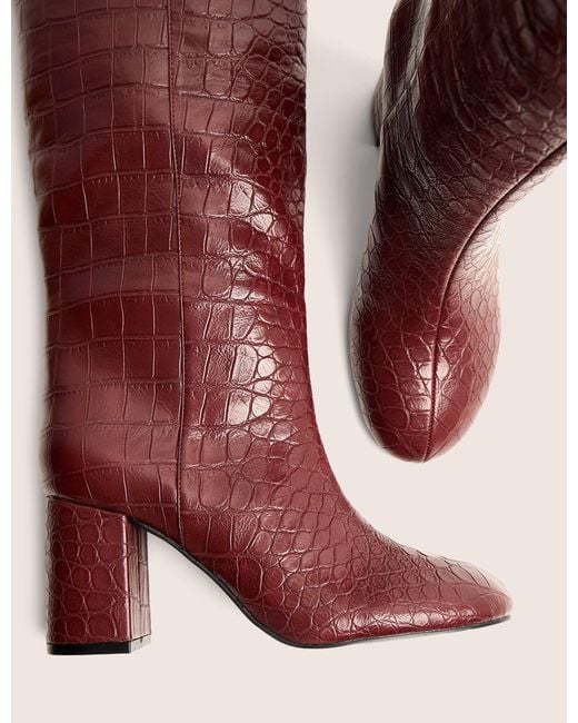 Public Desire Red Maison Burgundy Croc Pu Knee High Block Heeled Boots