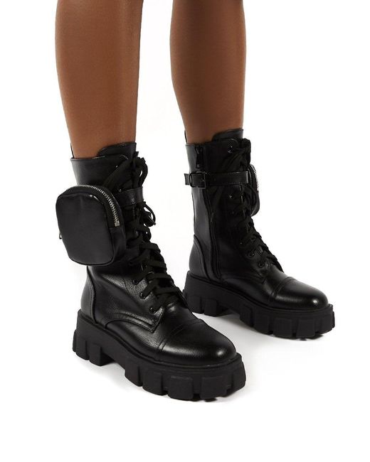 public desire intention chunky calf boot with pouch in black