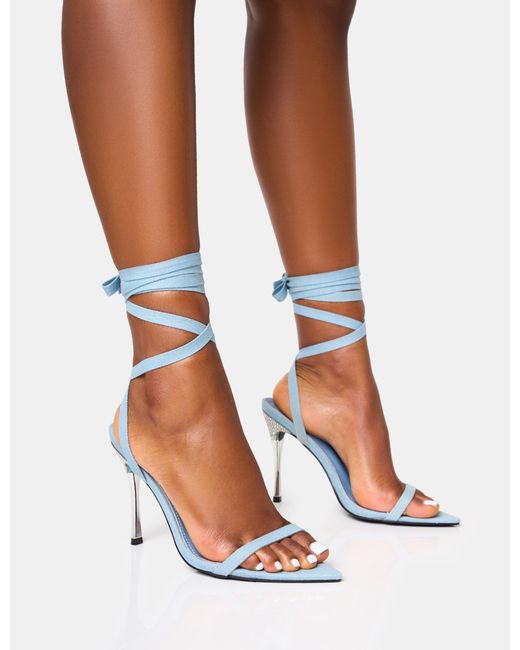 Public Desire White Ultimate Denim Lace Up Diamante Encrusted Pointed Toe Stiletto Heels