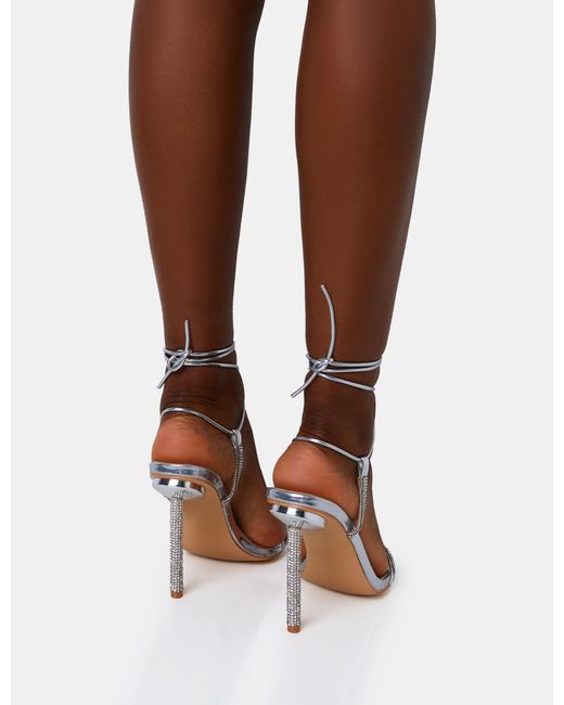 Public Desire Brown Dream Silver Mirror Strappy Diamante Heel Detail Pointed Toe Stiletto