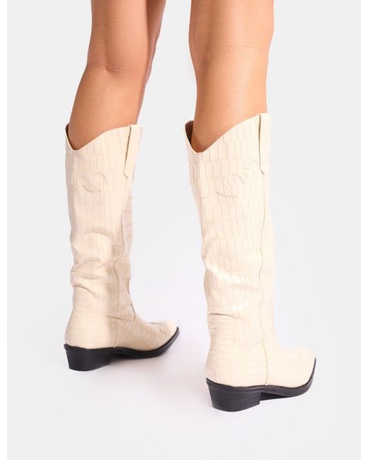 Public Desire White Apollo Cream Stitch Flat Western Knee High Boots