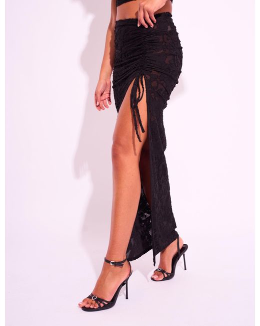 Public Desire Tie Detail Textured Floral Split Maxi Skirt Black