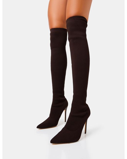 Public Desire Black Chateau Chocolate Knitted Sock Stiletto Over The Knee Pointed Toe Boots