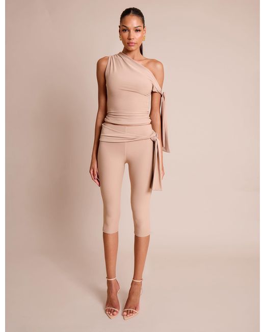 Public Desire Natural Knot Detail Tie Side Luxe Slinky Capri Pants Stone