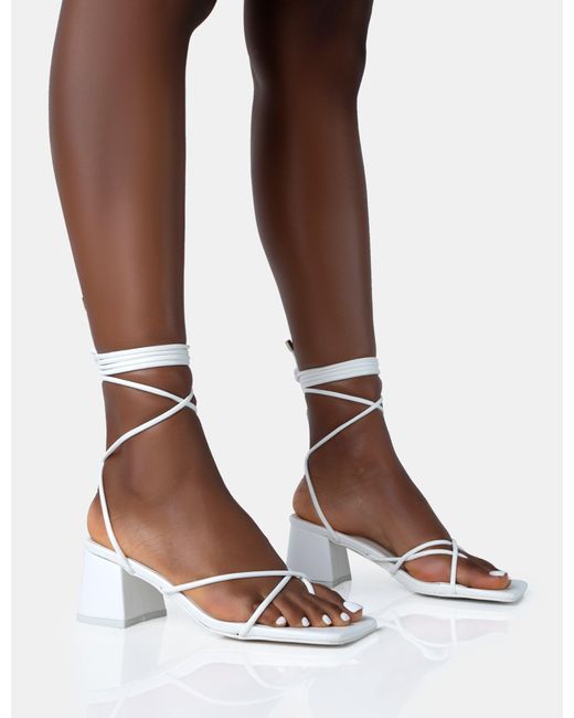 Public Desire Brown Aerin White Pu Lace Up Strappy Square Toe Block Mid Heels