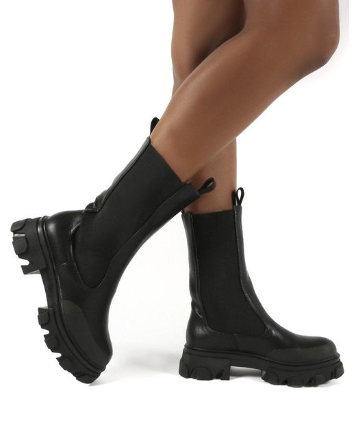 public desire intention chunky calf boot with pouch in black