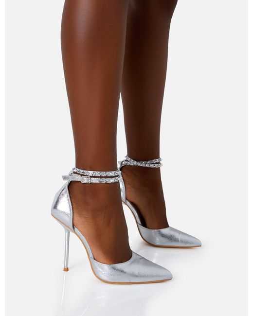 Jazzlyn Clear Silver Iridescent Diamante Mid Heeled Court Shoes | SIMMI  London