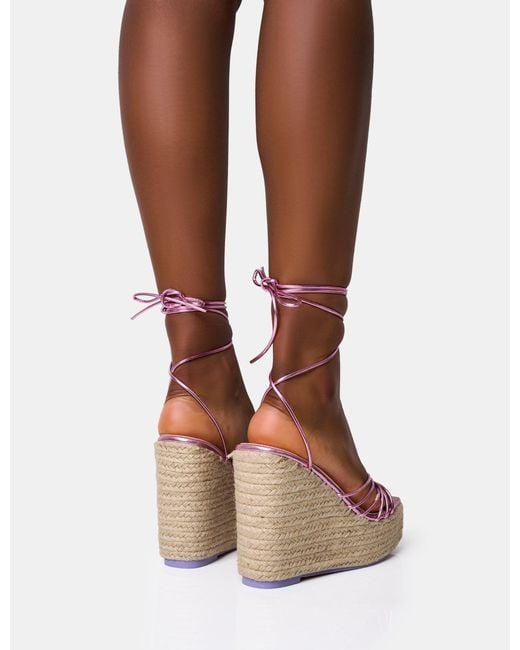 Public Desire Brown Heated Pink Wide Fit Strappy Lace Up Jute Wedges
