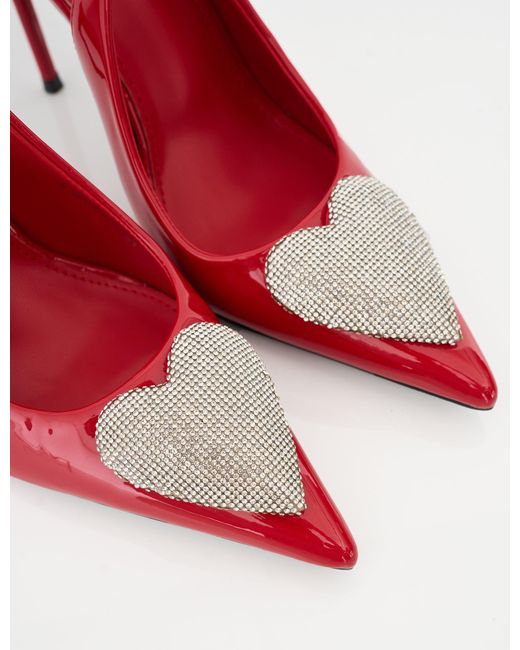Public Desire Elvis Red Patent Diamante Heart Brooch Slingback Pointed Toe Court High Heels