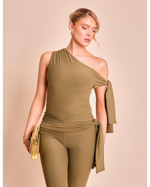 Public Desire Multicolor Knot Detail Tie Side Luxe Slinky Capri Pants Khaki
